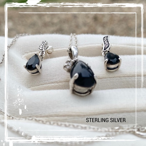 Black Onyx Sterling Silver Post Earrings & Necklace Pendant Set - Vintage - Picture 4 of 14
